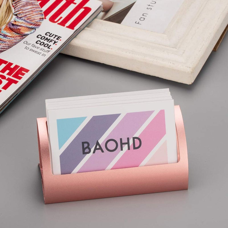 BAOHD Metal Business Card Holder for Desk - Modern Aluminum Business Card Display Holder Stand, Desktop Name Card Rack Organizer, Rose Gold - Image 3
